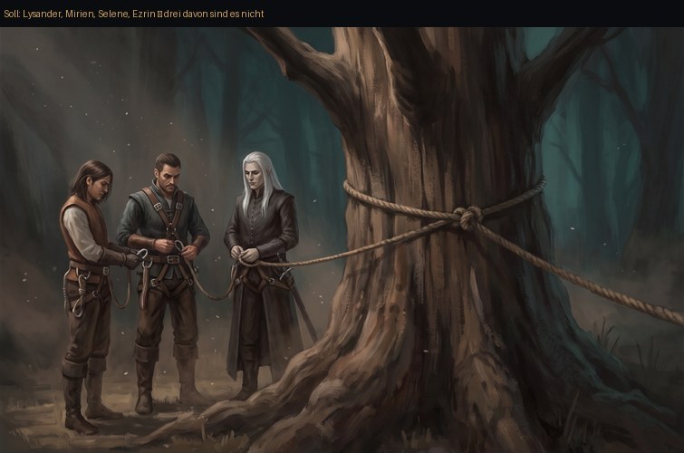 Drei fremde Gestalten sichern ein Seil an einem Baum, keiner davon aus dem Team