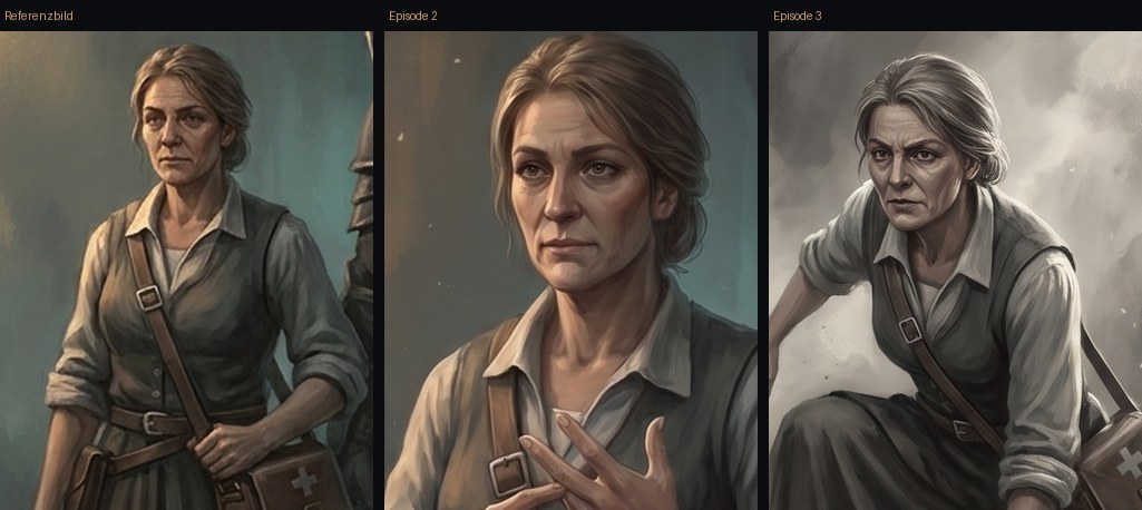 Drei Bilder derselben Frau mittleren Alters: das hinterlegte Referenzbild und zwei Auftritte